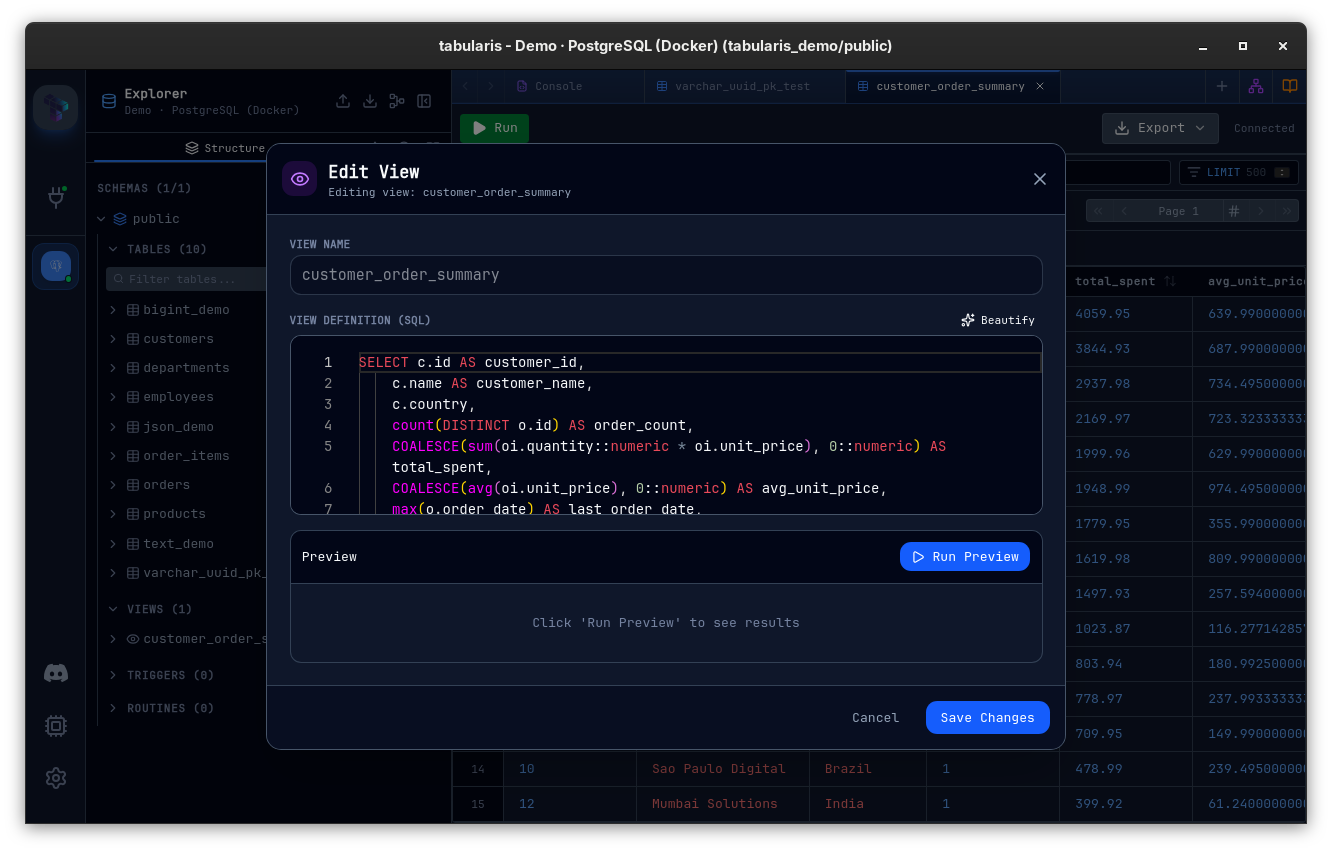 View Editor modal with the Beautify button and a multi-join view definition