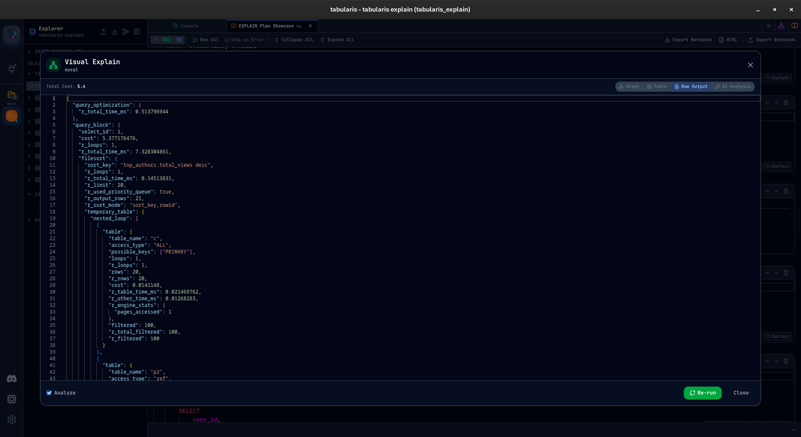 Raw EXPLAIN JSON output in Monaco editor with syntax highlighting