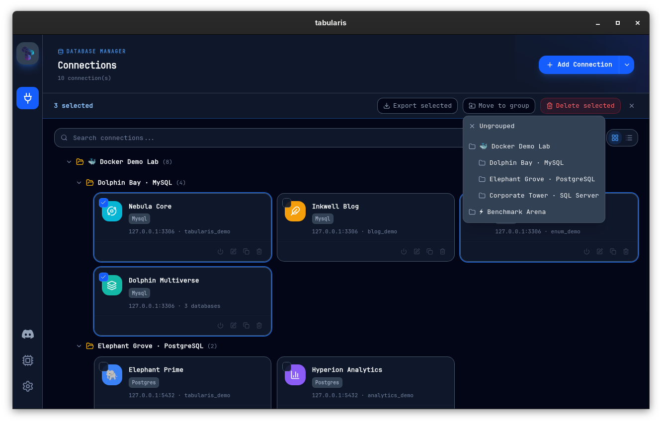 Three connections selected with the pinned action bar showing Export selected, Move to group with its nested-group submenu open, and Delete selected
