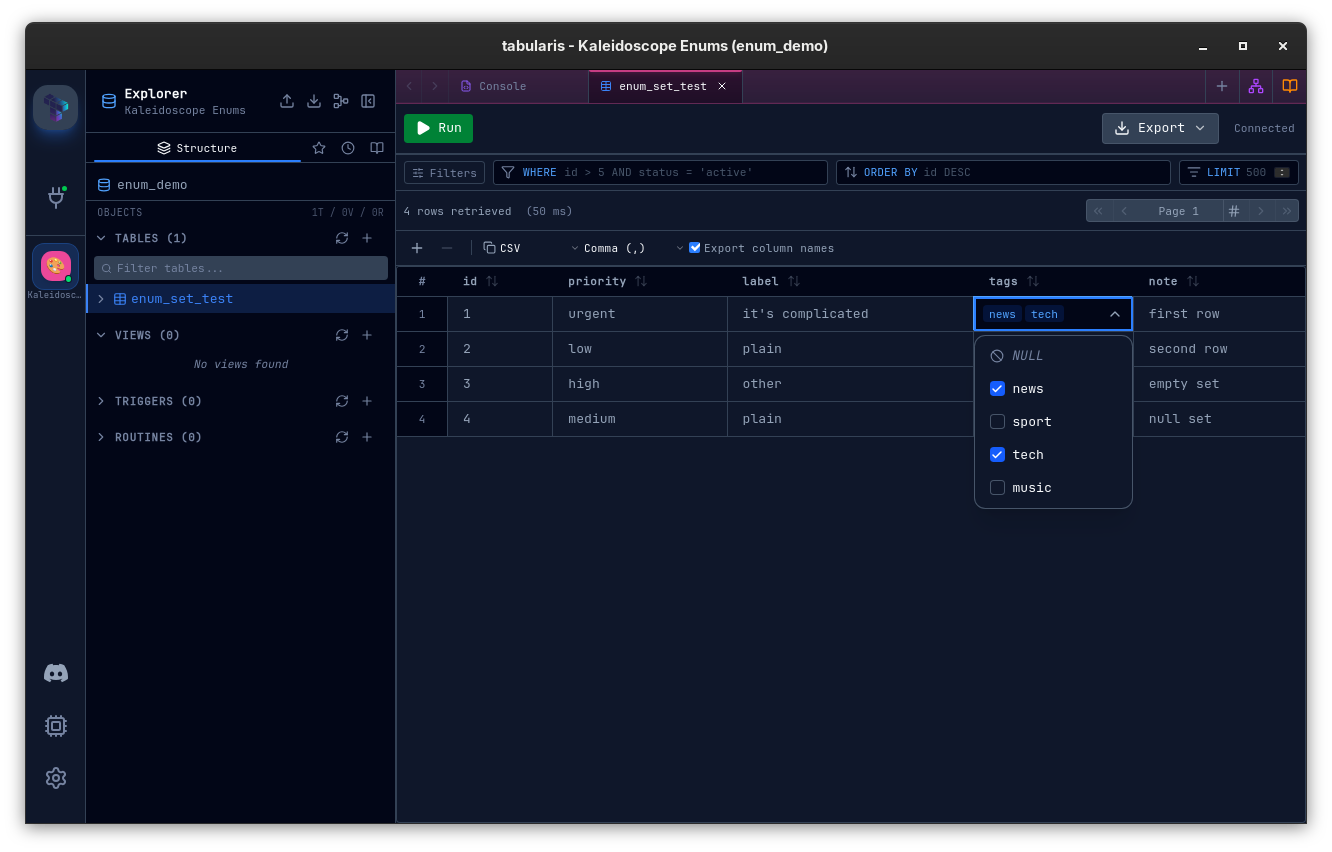 Editing a MySQL SET cell in the grid: a dropdown lists the allowed values with checkboxes and a NULL option