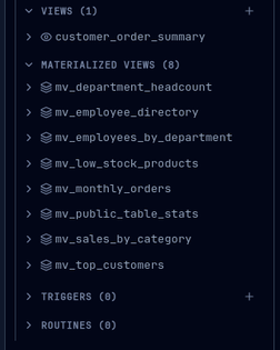 The Materialized Views group in the Explorer sidebar, listed separately from Views, Triggers, and Routines