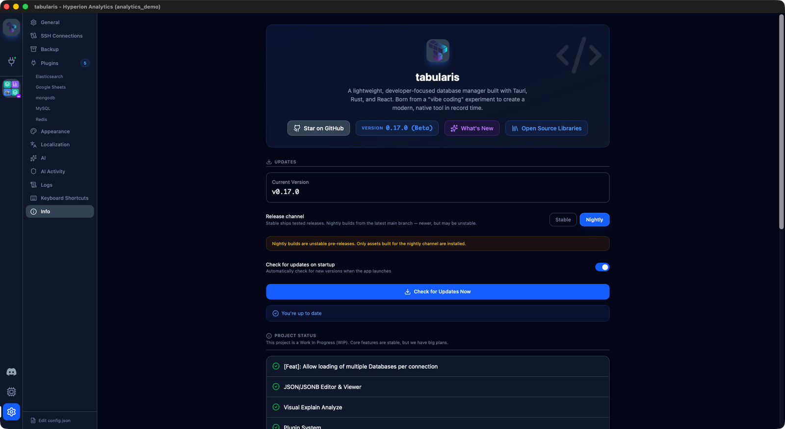 The Updates panel in Settings → Info, with the release channel selector and update check