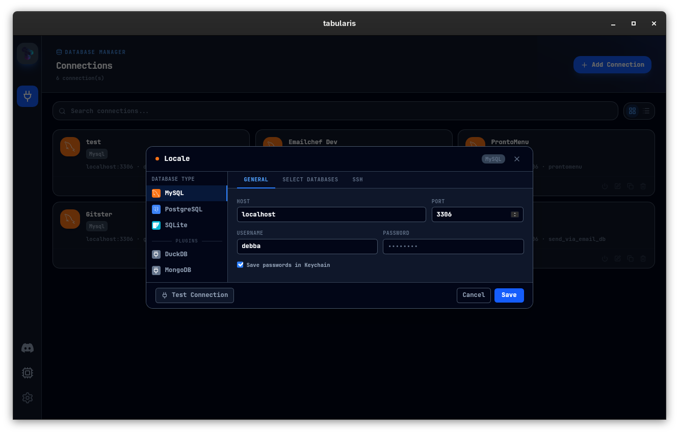 Connection security settings with keychain-backed credential storage