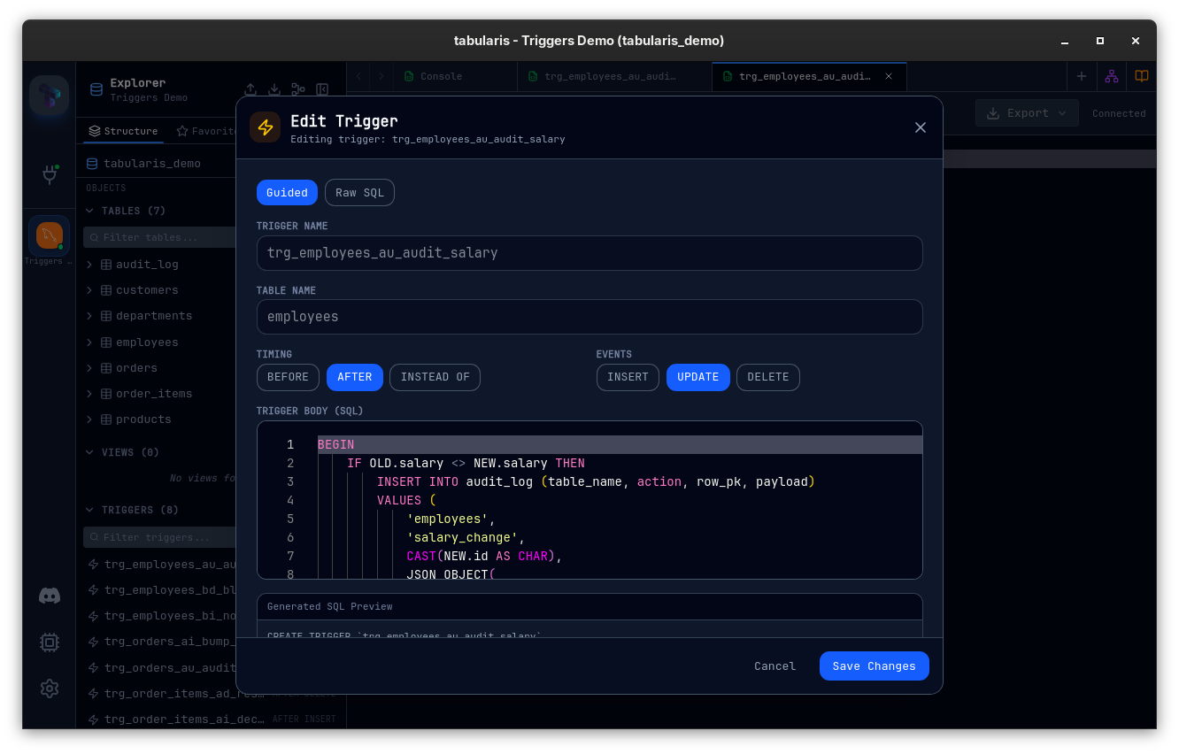 Edit Trigger modal with the existing trg_employees_au_audit_salary trigger loaded — name, table, AFTER timing, and UPDATE event pre-selected from the parsed definition, with the IF OLD.salary <> NEW.salary body in the Monaco editor and a Save Changes button